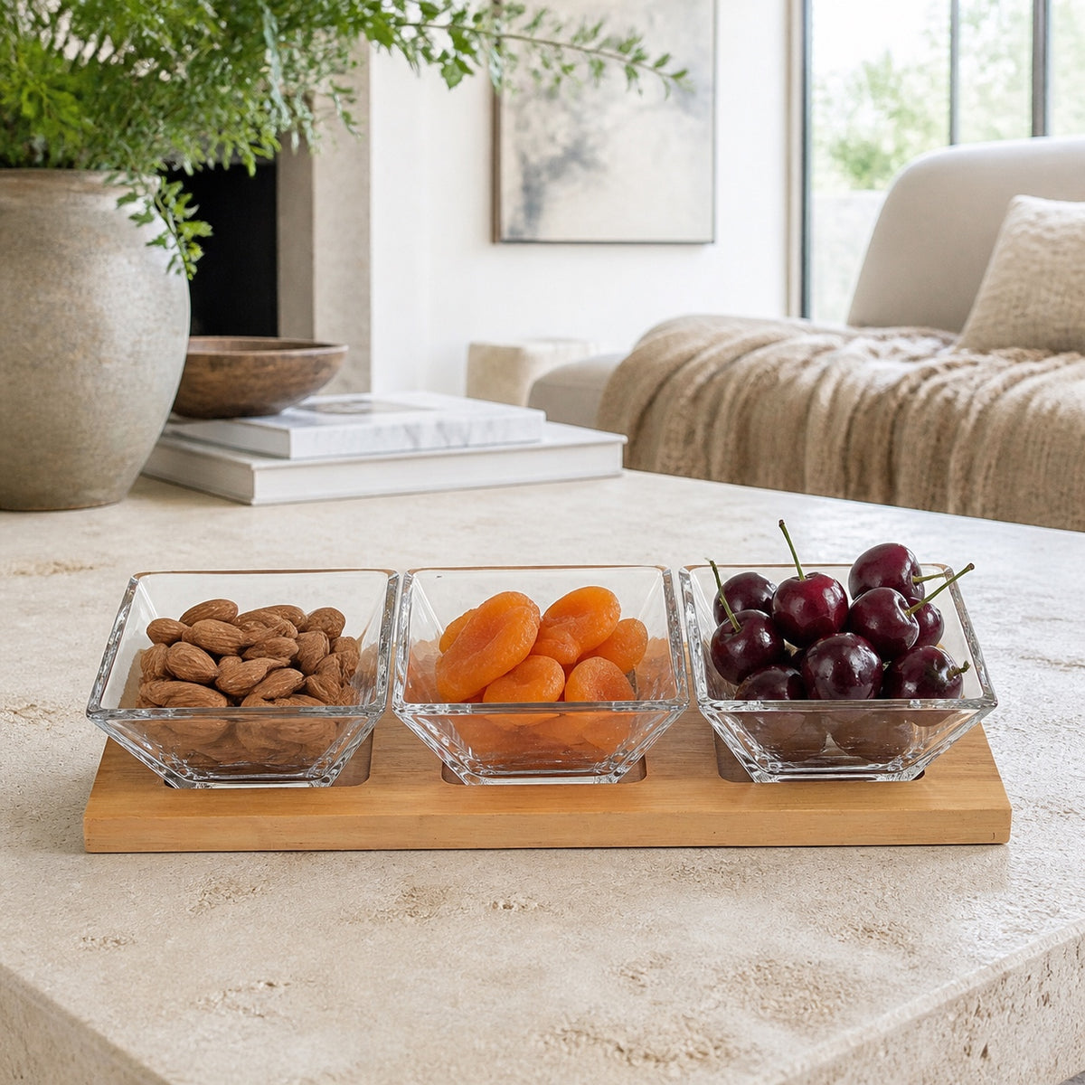 Hostess Set - 4 pc With 3 Glass Condiment or Dip Bowls on a Wood Tray-B25