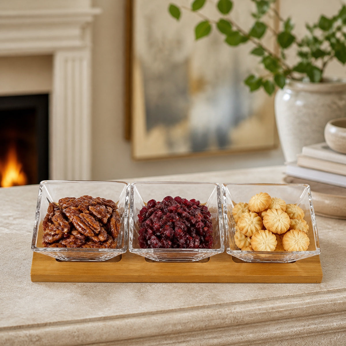 Hostess Set - 4 pc With 3 Glass Condiment or Dip Bowls on a Wood Tray-B25