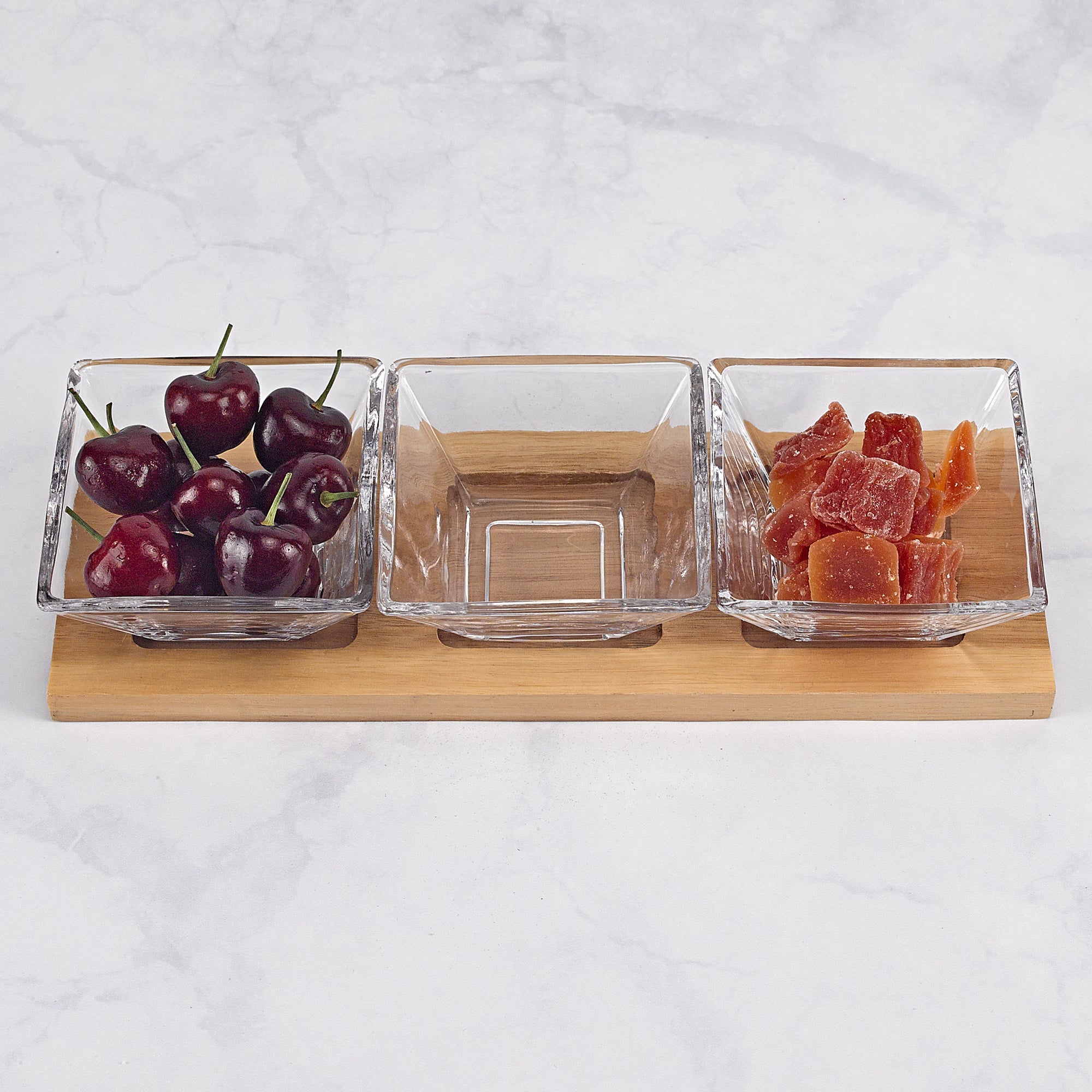 Hostess Set - 4 pc With 3 Glass Condiment or Dip Bowls on a Wood Tray-B25