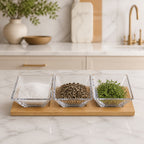 Hostess Set - 4 pc With 3 Glass Condiment or Dip Bowls on a Wood Tray-B25