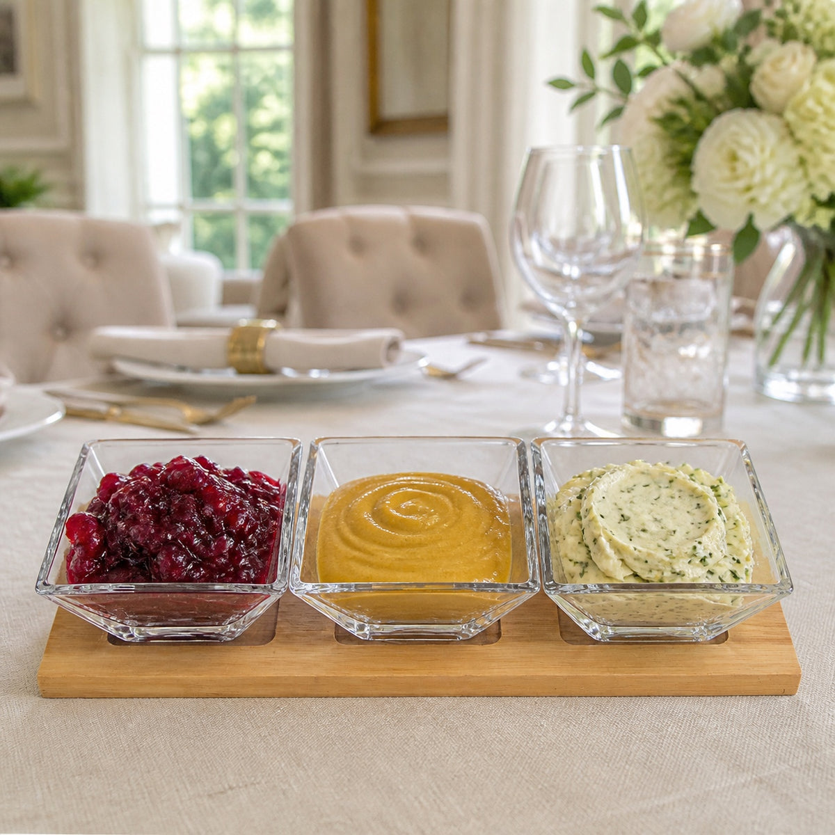Hostess Set - 4 pc With 3 Glass Condiment or Dip Bowls on a Wood Tray-B25
