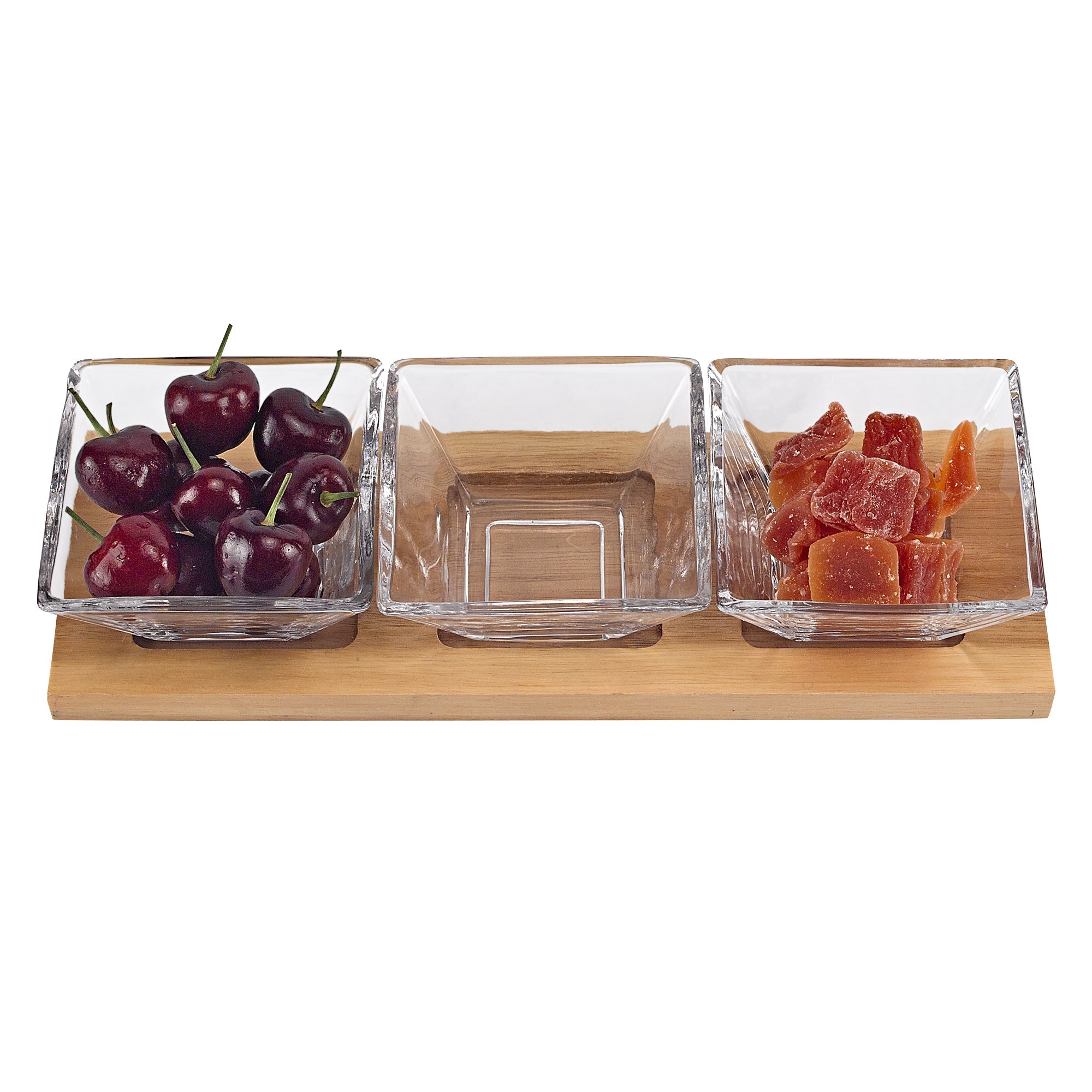 Hostess Set - 4 pc With 3 Glass Condiment or Dip Bowls on a Wood Tray-B25