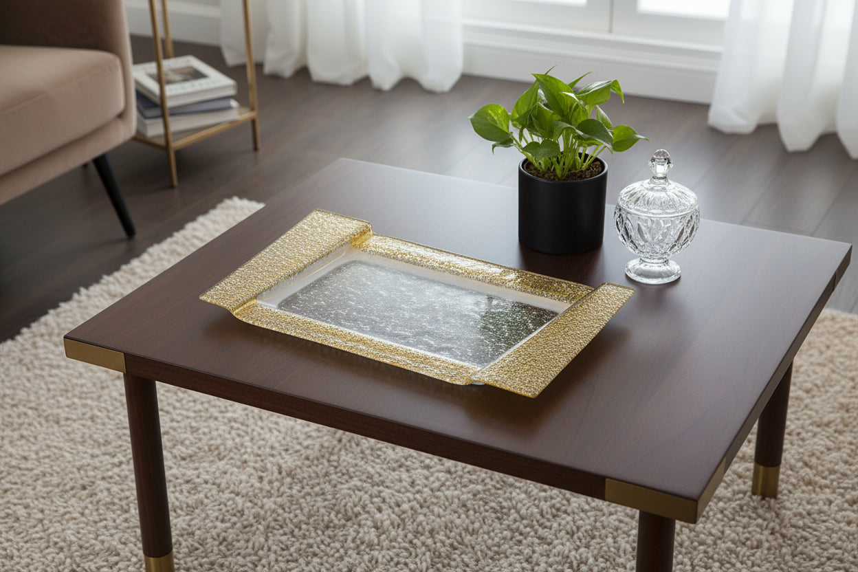 Rimini Gold  Serving Platter or Tray 7 x13"- Hand Decorated Gold Leaf Edge Rectangular Blown Glass -EV50G