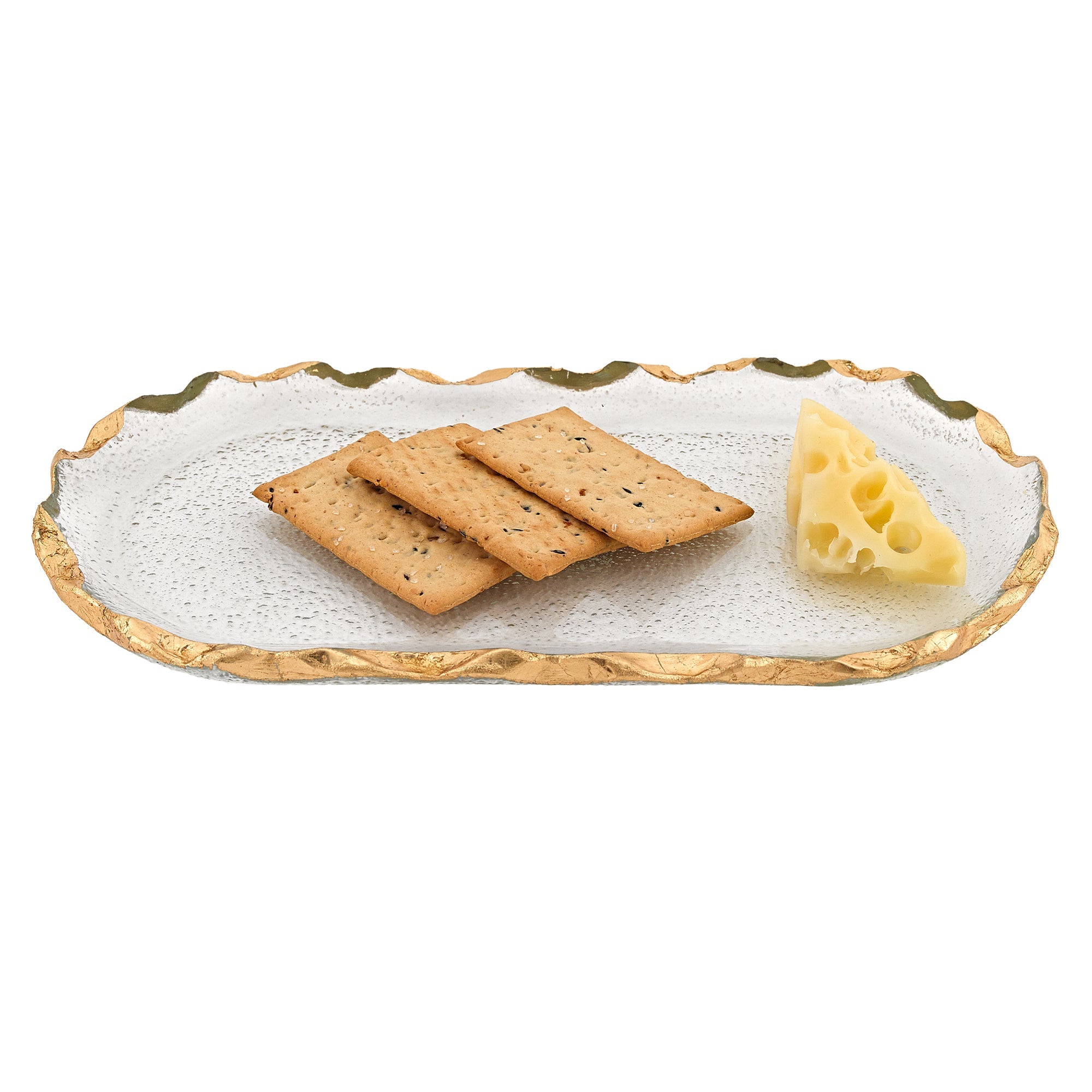 GoldedgeHand Decorated Gold Leaf Chiseled Edge Oval Glass 8 x 14" Platter-F3045