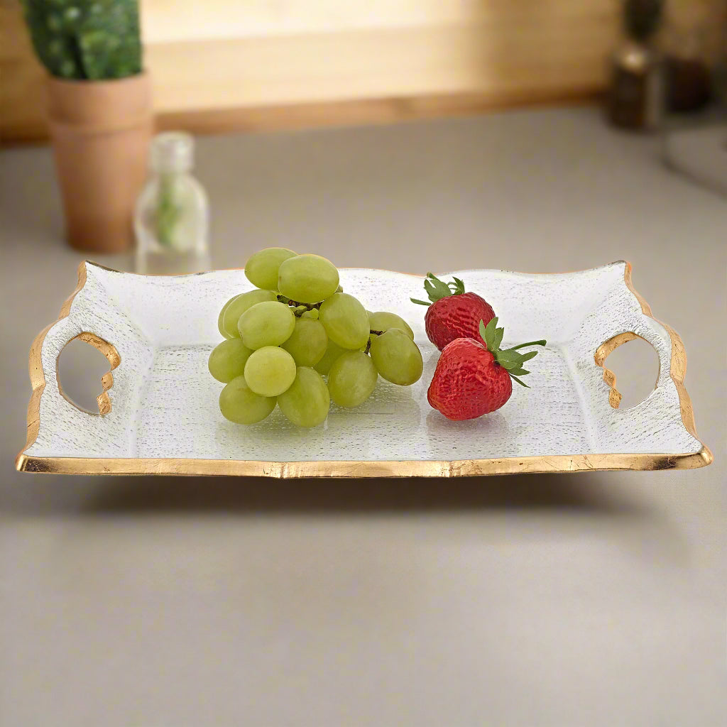 Goldedge Hand Decorated Gold Leaf Scalloped Edge 7 x 11" Vanity or Snack Tray With Cut Out Handles-F3048