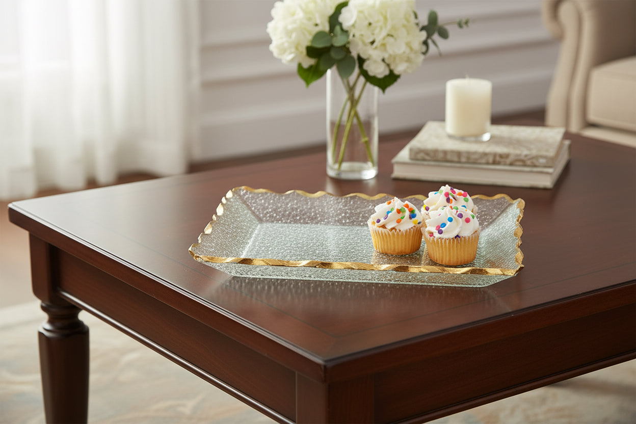 Goldedge Hand Decorated Gold Leaf Edge Rectangular Blown Glass 14 x 10" Serving Platter -F3065