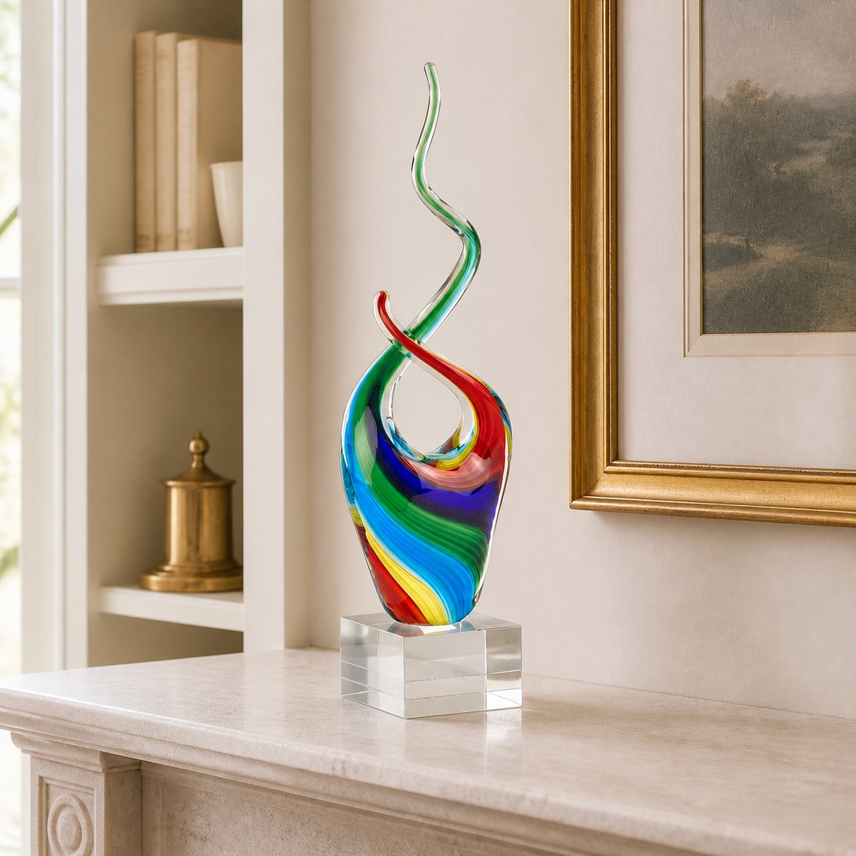 Rainbow Murano Style Art Glass Abstract Centerpiece on Crystal Base 11-GW566