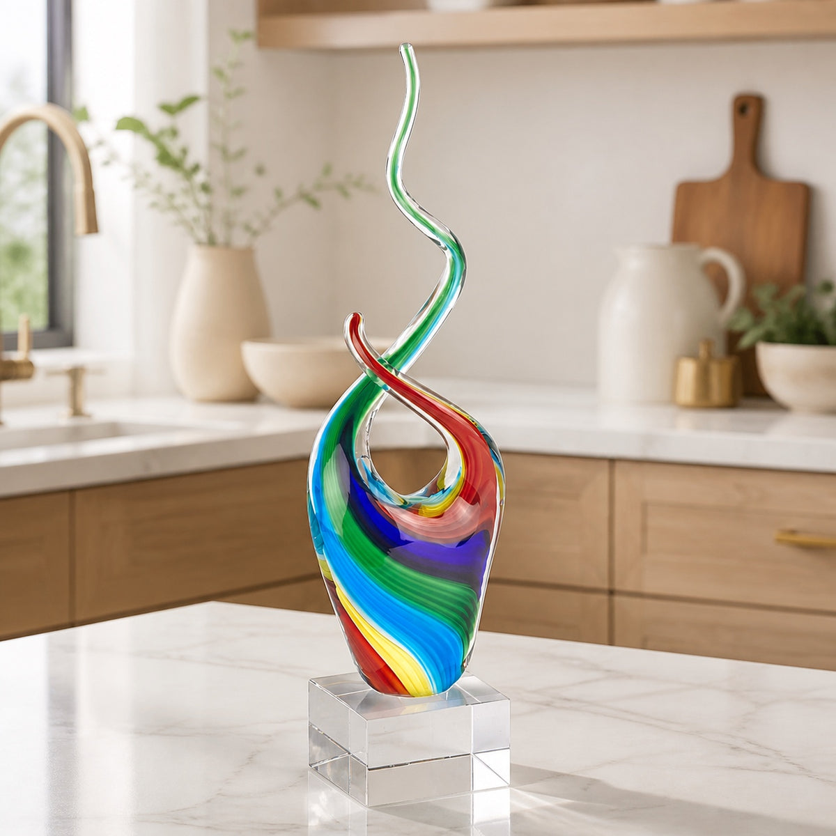 Rainbow Murano Style Art Glass Abstract Centerpiece on Crystal Base 11-GW566
