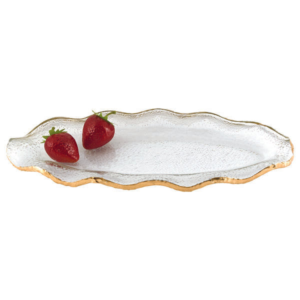 Goldedge Hand Decorated Gold Leaf Edge Wavy Oval Glass 14 x 7" Platter