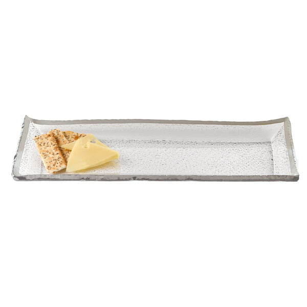 Silver Edge Rectangular Hand Painted Blown Glass 18 x 6.5" Serving Platter or Tray