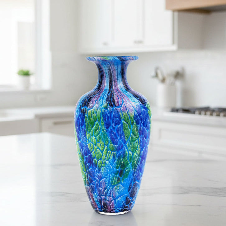 Murano Style Art Glass Cool Firestorm Vase 10"H-GW655