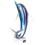 Murano Style Art Glass 14" Tall Blue Dolphin On Clear Base