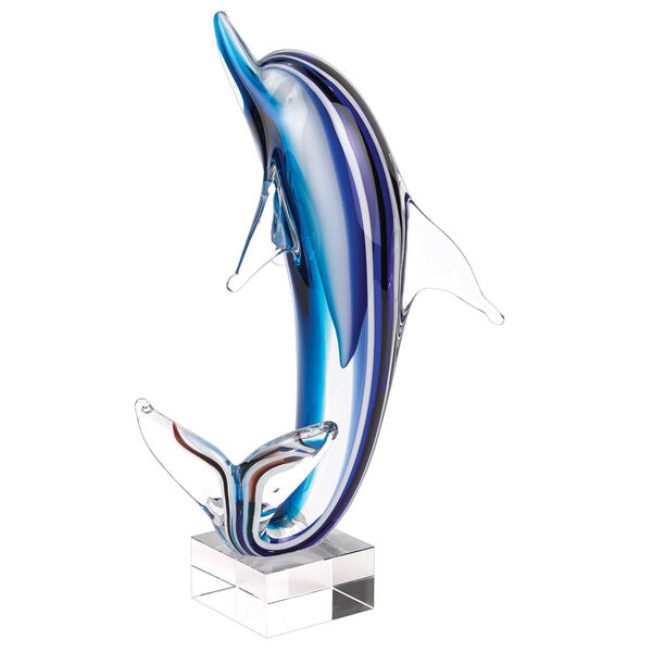 Murano Style Art Glass 14" Tall Blue Dolphin On Clear Base