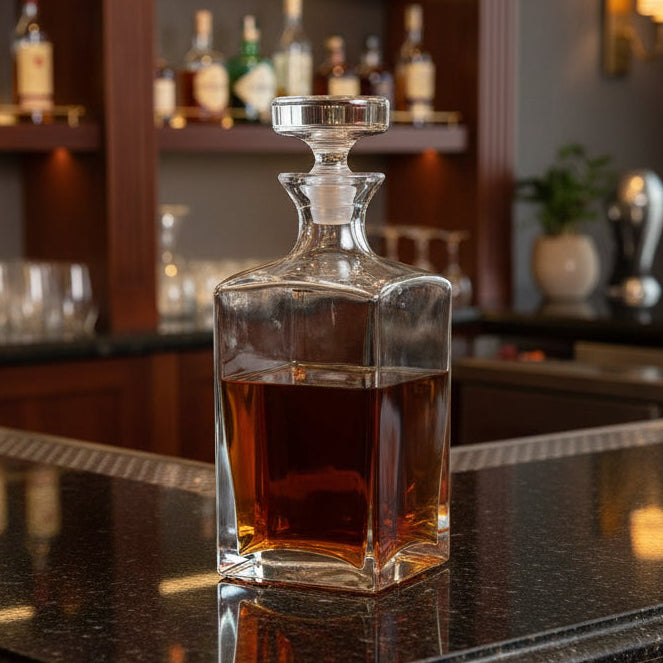 Sir Henry Square European Mouth Blown 34 oz. Scotch or Whiskey Lead Free Crystal Decanter H10.5