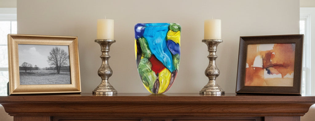 Stormy Rainbow Murano Style Art Glass 11" Oval Vase-J215