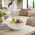 White Alabaster 10" Glass Fruit or Salad Bowl With Gold Rim-P236G