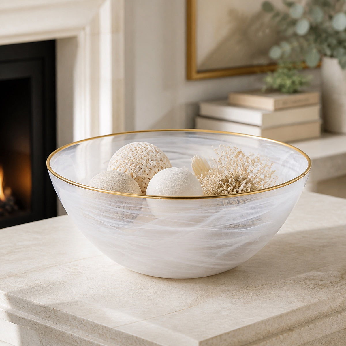 White Alabaster 10" Glass Fruit or Salad Bowl With Gold Rim-P236G