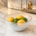 White Alabaster 10" Glass Fruit or Salad Bowl With Gold Rim-P236G