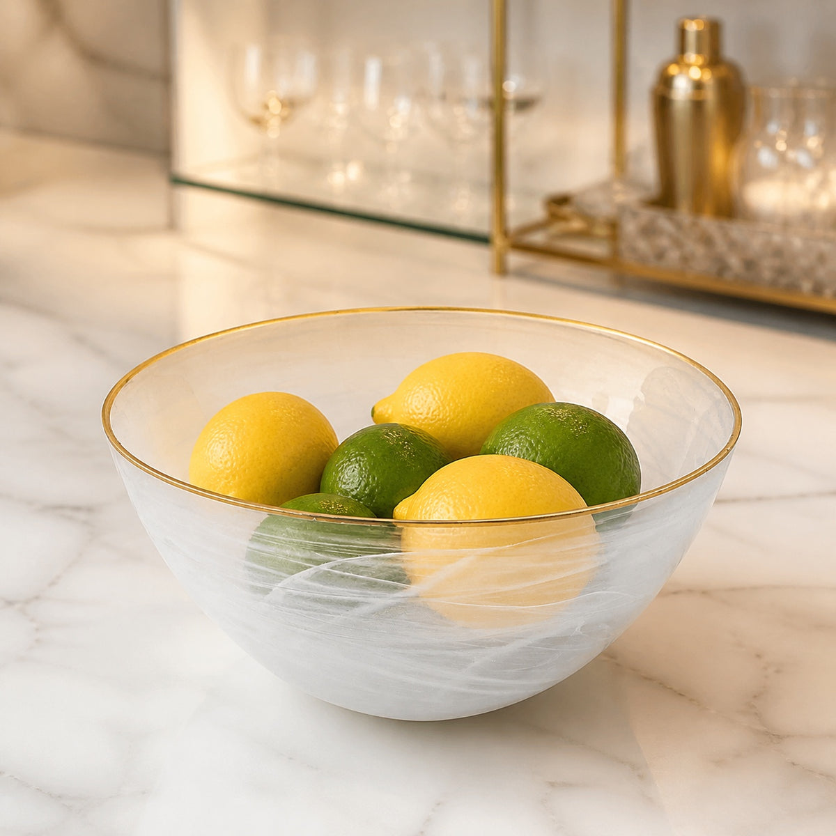 White Alabaster 10" Glass Fruit or Salad Bowl With Gold Rim-P236G
