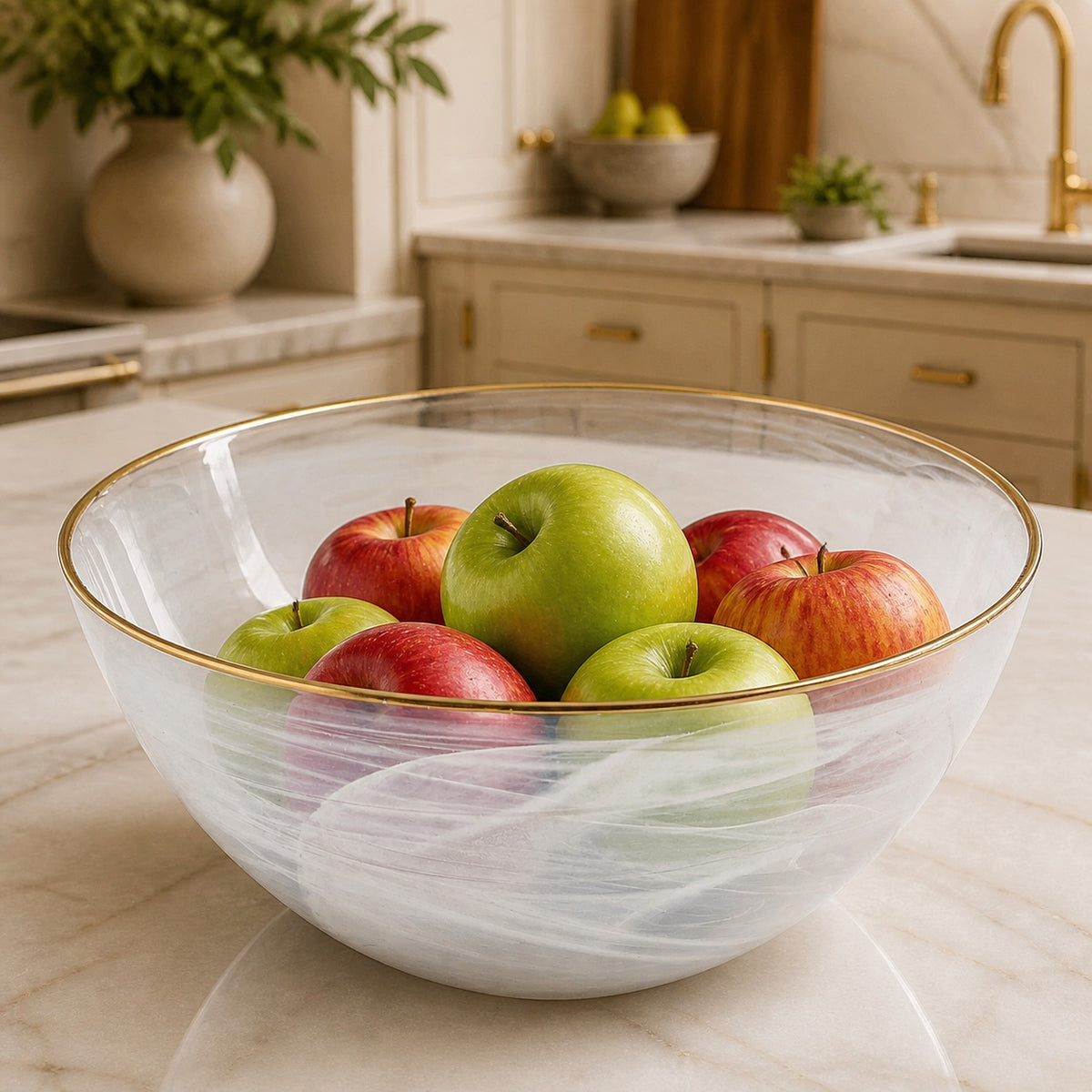 White Alabaster 10" Glass Fruit or Salad Bowl With Gold Rim-P236G