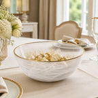 White Alabaster 10" Glass Fruit or Salad Bowl With Gold Rim-P236G