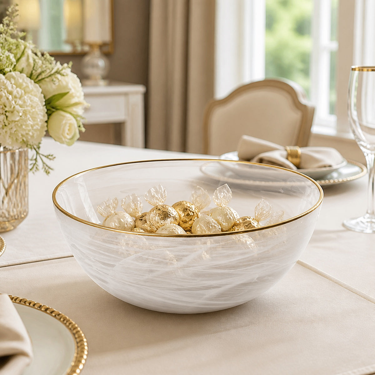 White Alabaster 10" Glass Fruit or Salad Bowl With Gold Rim-P236G