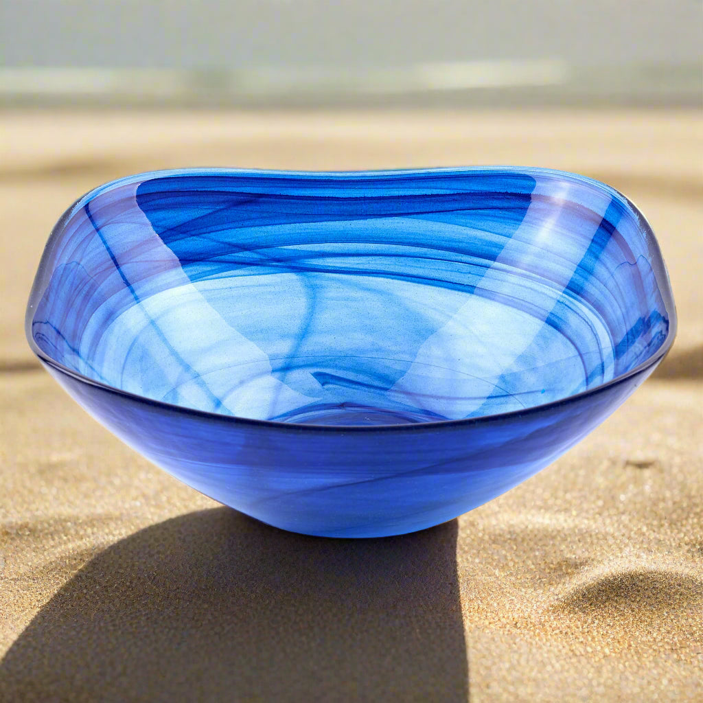 Pair of Cobalt Blue Alabaster Glass 6" Squarish Salad or Candy Bowls-P261