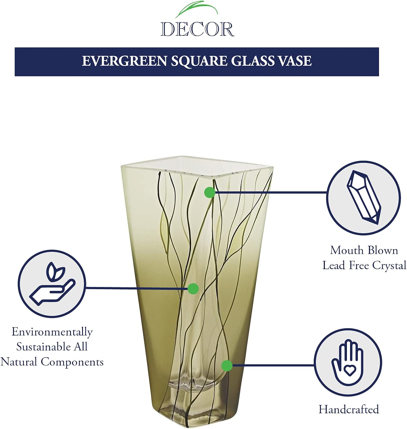 Evergreen European Mouth Blown Hand Decorated 8" Squarish vase-CD107