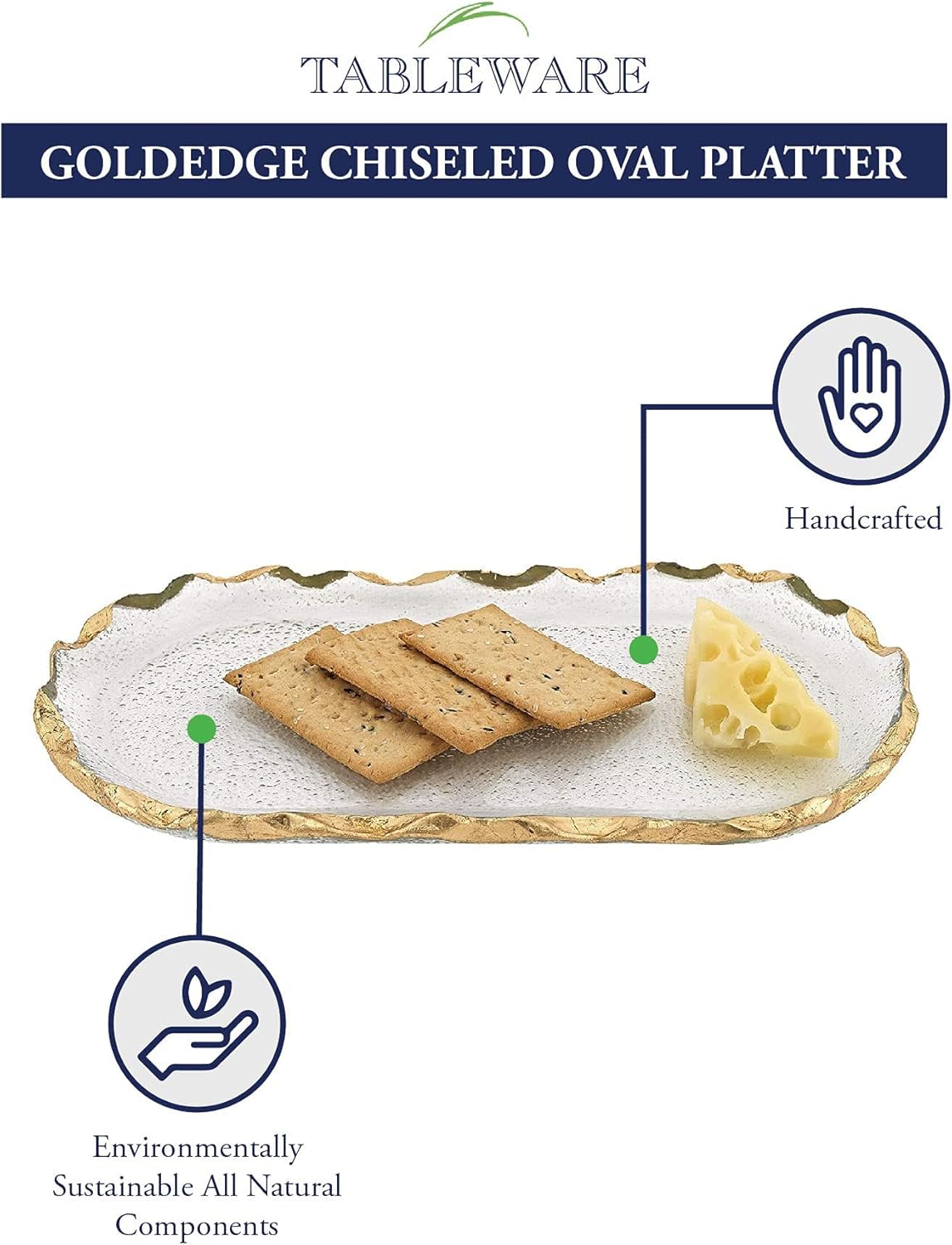 GoldedgeHand Decorated Gold Leaf Chiseled Edge Oval Glass 8 x 14" Platter-F3045
