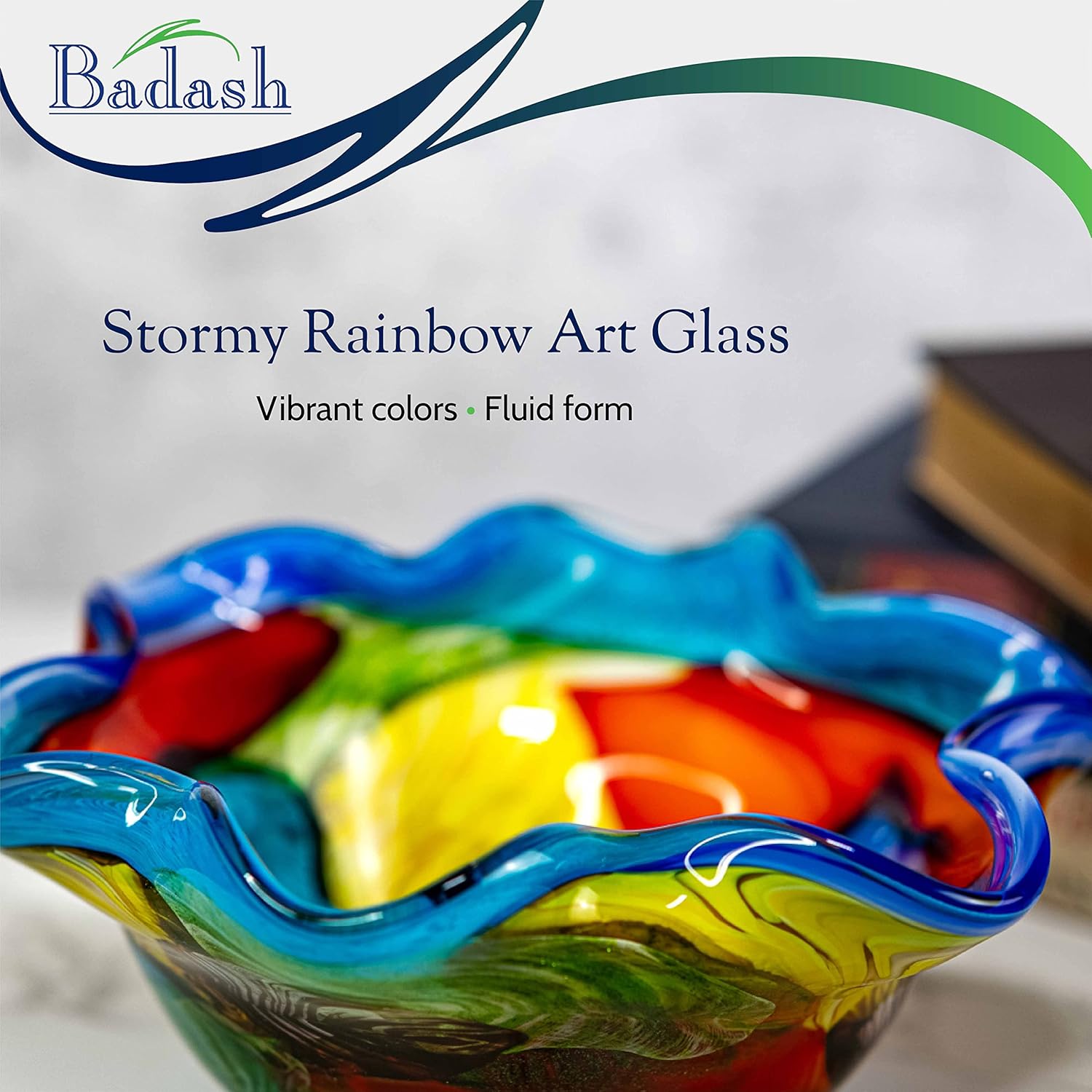 Stormy Rainbow Murano Style Art Glass Floppy 8.5 inch Centerpiece Bowl-J521